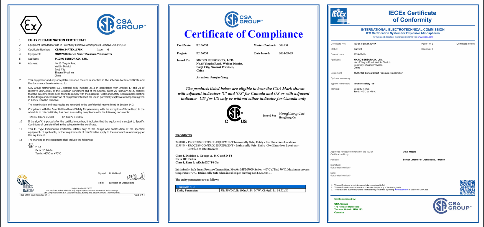 MICROSENSOR ATEX CSA IECEx Certificates.png